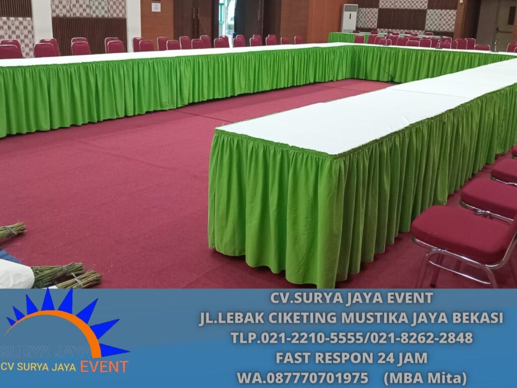 Layanan Penyewaan Meja Kotak Taplak Putih Sekerting Hijau Jakarta Barat