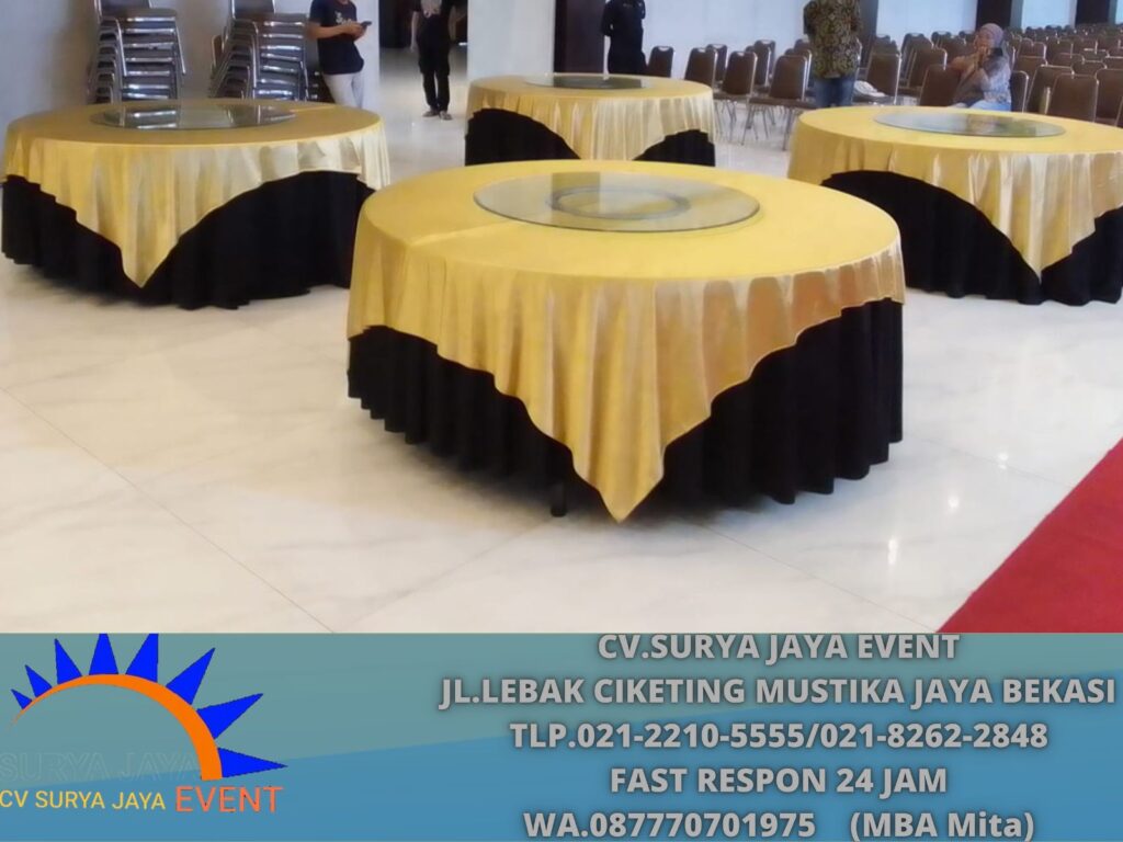 Sewa Meja Bundar Topping Gold Lengkap Lazzy Suzan di Jakarta