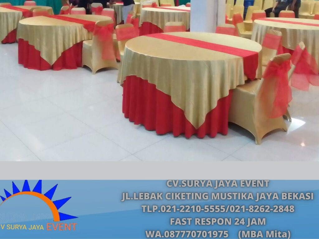 Rental Meja D 160cm Toping Gold Tebar Merah Cabe Jakarta Selatan