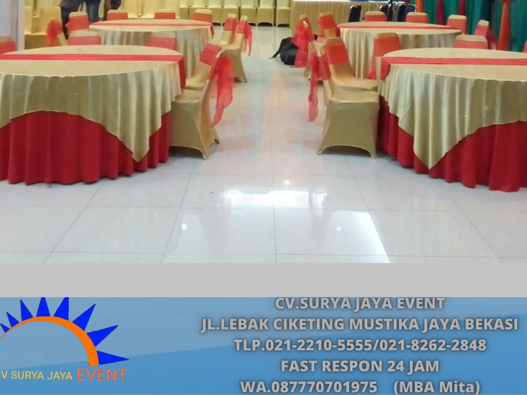 Rental Meja D 160cm Toping Gold Tebar Merah Cabe Jakarta Selatan