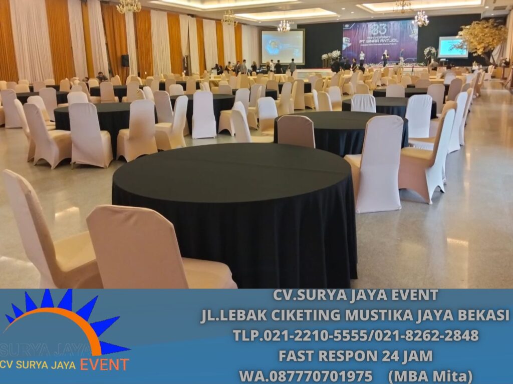Sewa Meja Bundar D180,D160 Cover Tebar Hitam Tangerang