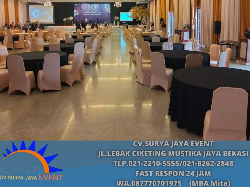 Sewa Meja Bundar D180,D160 Cover Tebar Hitam Tangerang