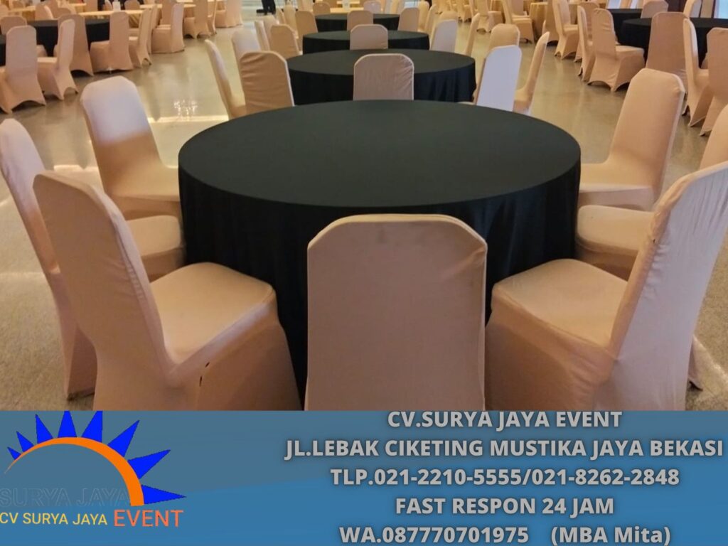 Sewa Meja Bundar D180,D160 Cover Tebar Hitam Tangerang