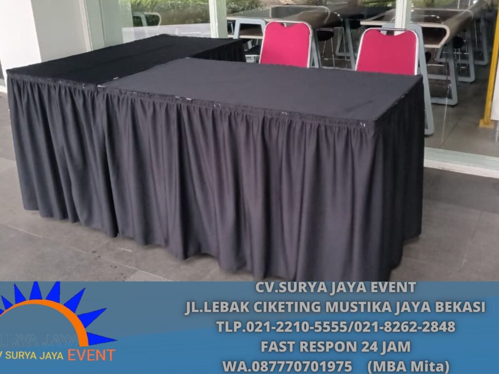 Rental Meja Kotak Cover itam Event BINUS Sumareccon Bekasi