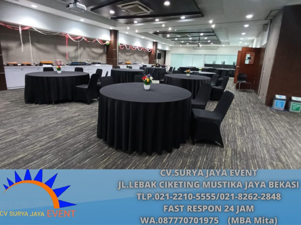 Rental Round Table Cover Hitam Dan Kursi Cover Hitam Jakarta