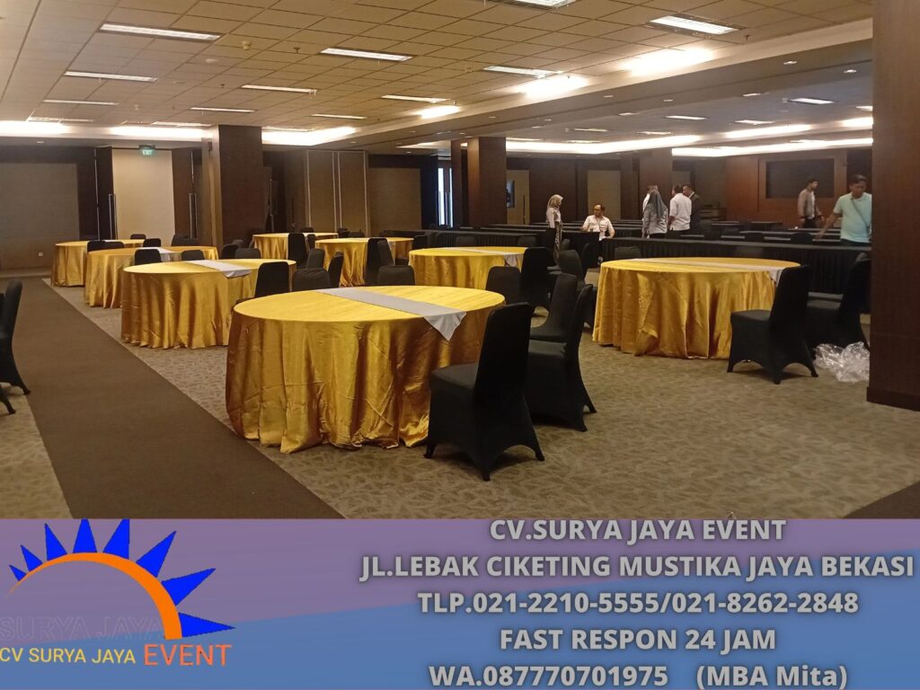 Sewa Meja Bundar Cover Tebar Gold Bogor