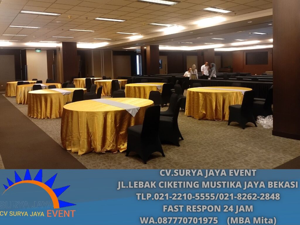 Sewa Meja Bundar Cover Tebar Gold Bogor