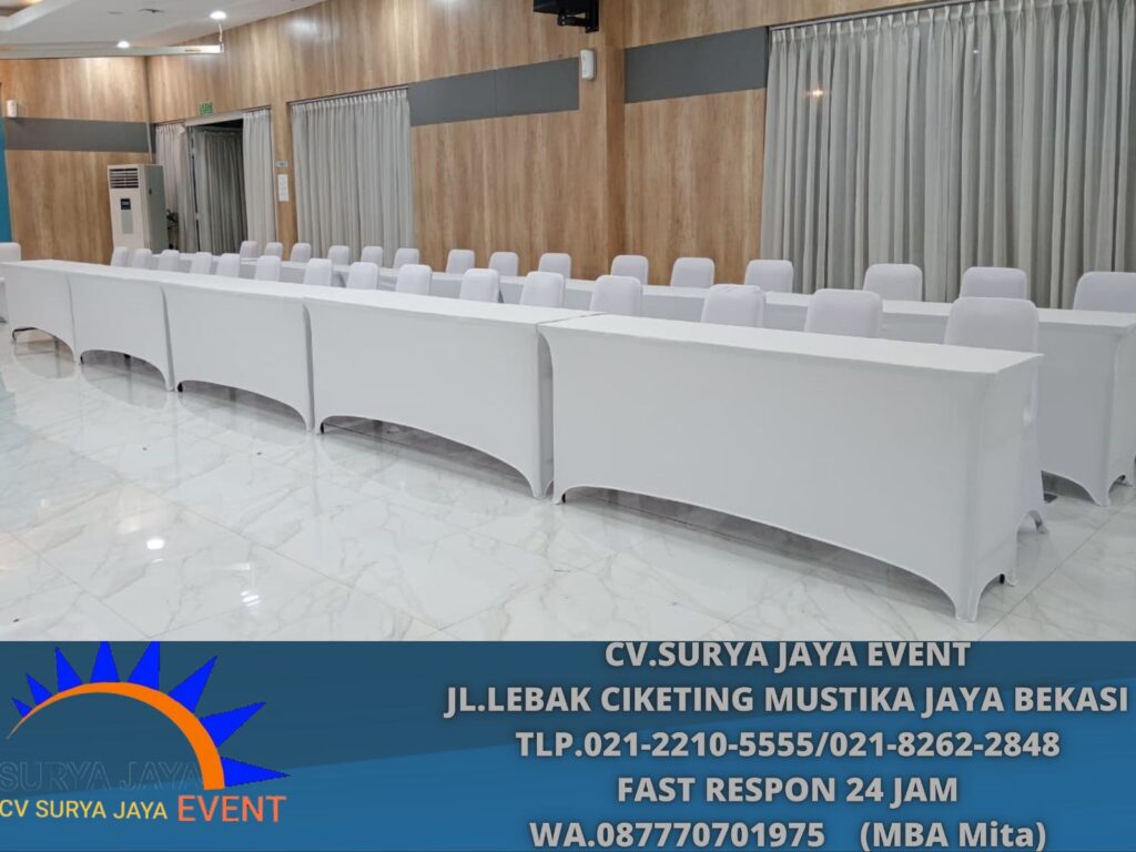Sewa Meja Dan Kursi Cover Putih Event Toyota Karawang