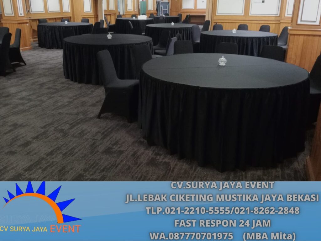 Sewa Meja Round Table,Meja Kotak Cover Hitam Ketat Jakarta