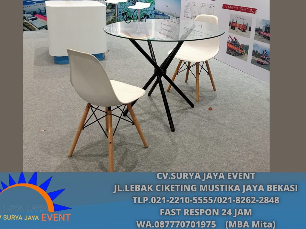 Sewa Meja Dealing Kaca dan Kursi Scramble Putih Area Jakarta