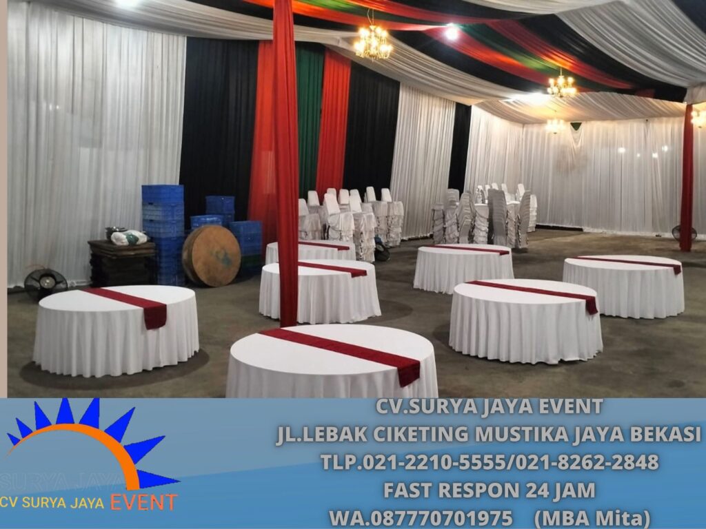 Rental Meja D 180cm Cover Tebar Putih Runner Merah Motif