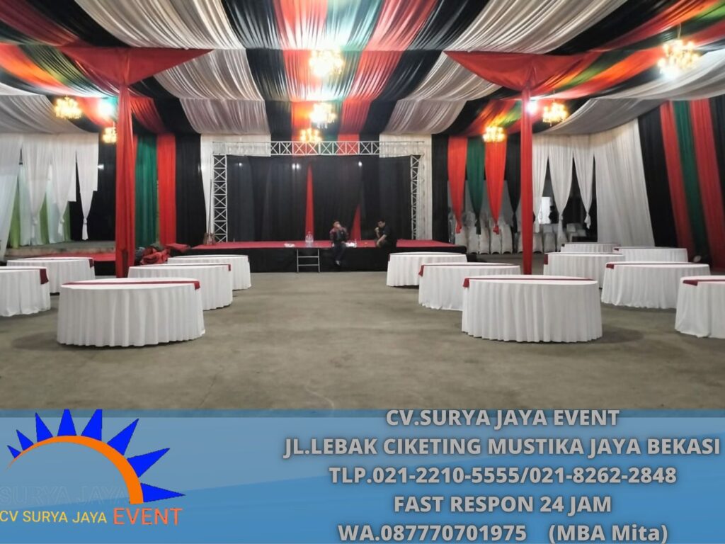 Rental Meja D 180cm Cover Tebar Putih Runner Merah Motif