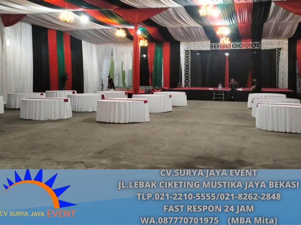 Rental Meja D 180cm Cover Tebar Putih Runner Merah Motif