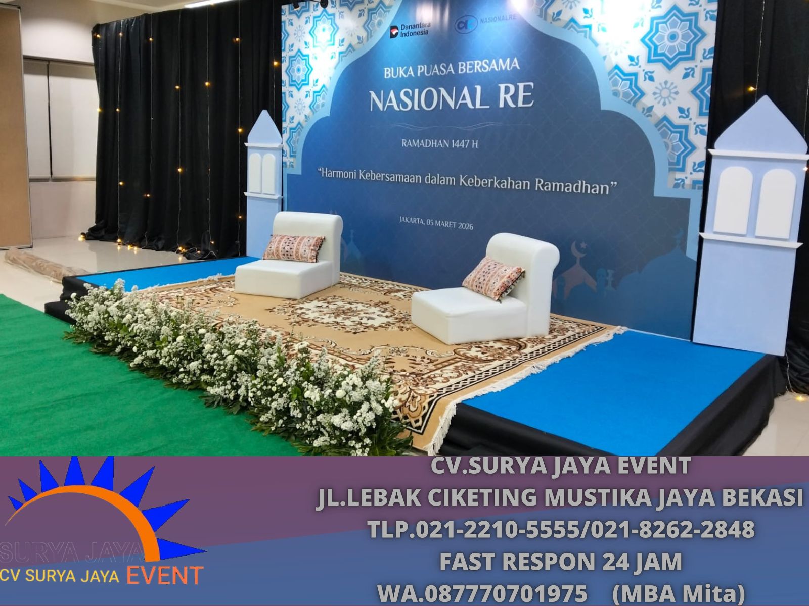 Panggung, Tirai, Karpet, Sofa Lesehan Event PT Reasuransi Jakarta