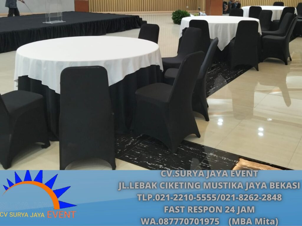 Rental round table Topping Putih Taplak hitam Jakarta
