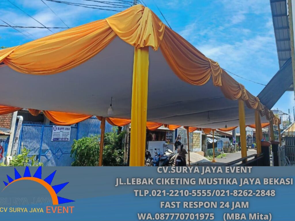 Sewa tenda Dekorasi Kain putih Gold untuk acara hitanan area Bekasi