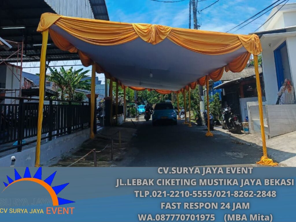 Sewa tenda Dekorasi Kain putih Gold untuk acara hitanan area Bekasi
