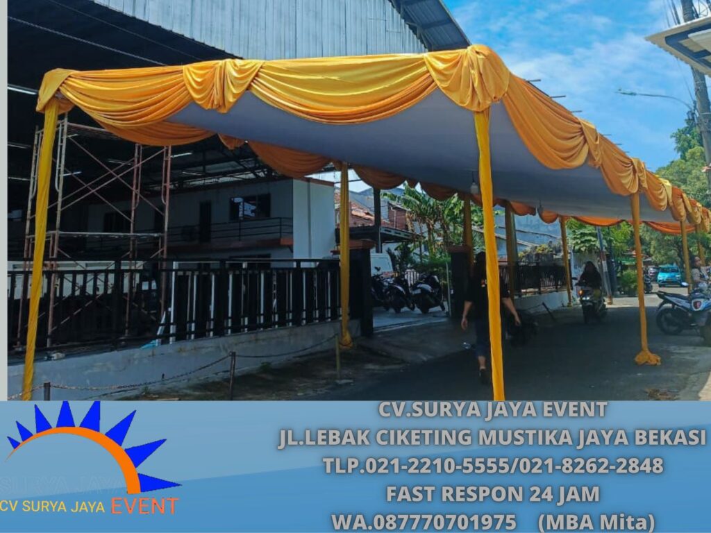 Sewa tenda Dekorasi Kain putih Gold untuk acara hitanan area Bekasi