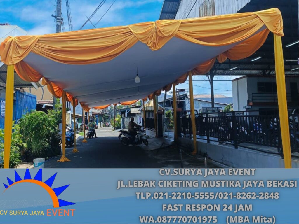 Sewa tenda Dekorasi Kain putih Gold untuk acara hitanan area Bekasi