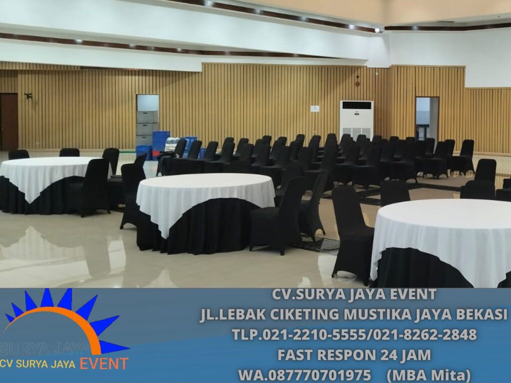 Rental round table Topping Putih Taplak hitam Jakarta