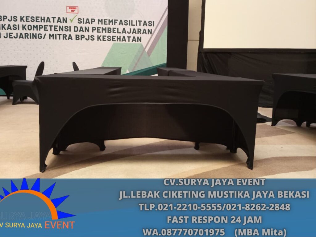 Sewa Meja IBM 180×60cm Cover Strech Hitam Event Bandung