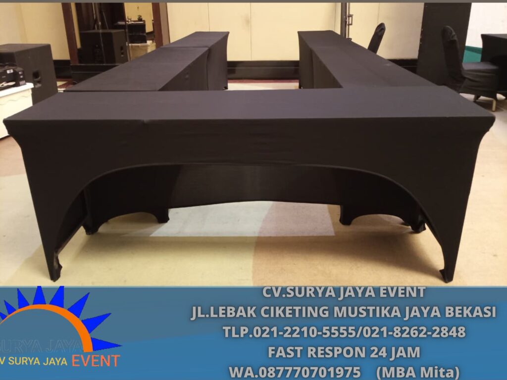 Sewa Meja IBM 180×60cm Cover Strech Hitam Event Bandung