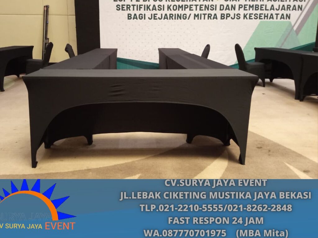 Sewa Meja IBM 180×60cm Cover Strech Hitam Event Bandung