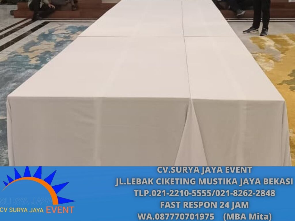 Sewa Meja Ibm 180x90cm Taplak Tebar Putih Jakarta