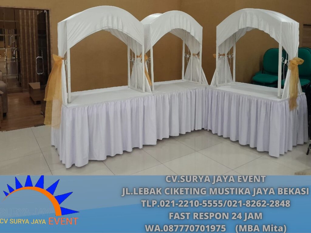 Sewa Meja Gubukan Stand Makanan Cover Putih Gold Cilandak