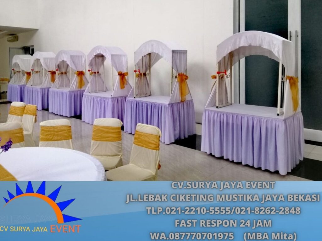 Sewa Meja Gubukan Stand Makanan Cover Putih Gold Cilandak