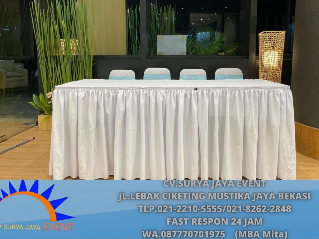 Sewa MEJA KOTAK Ukuran 120x60cm Taplak Skirting Putih Depok