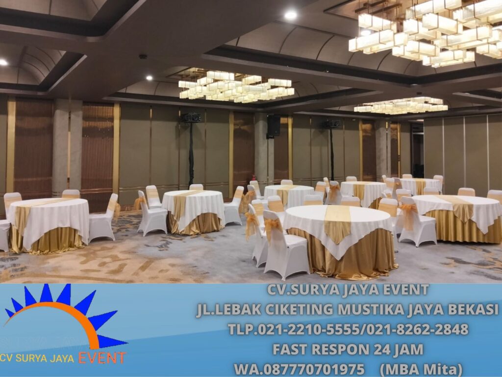 Sewa Meja Bundar d120,d160 Cover Tebar Runner Gold Jakarta