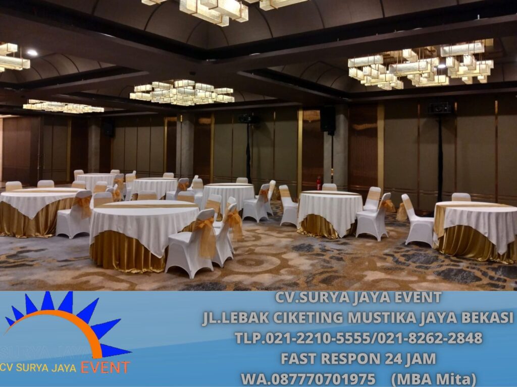 Sewa Meja Bundar d120,d160 Cover Tebar Runner Gold Jakarta