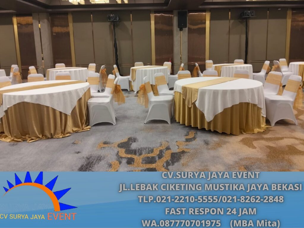 Sewa Meja Bundar d120,d160 Cover Tebar Runner Gold Jakarta