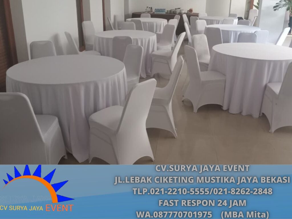Sewa Meja Bundar,Meja kotak,Kursi Susun Cover Putih Jakarta