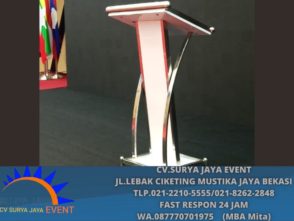 Sewa Podium Putih Frame Stainless Jaksel